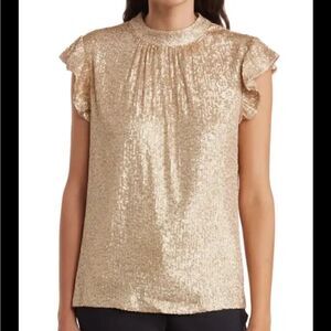 DR2 Champagne Gold matte sequin ruffle cap sleeve top  party holiday top S NWT